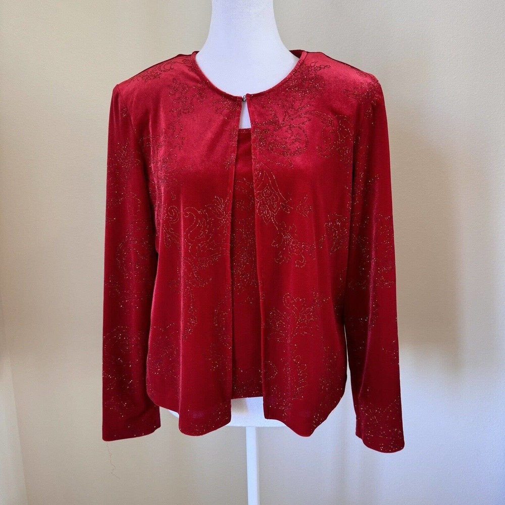 Vtg Red Velvet Evening 2 Piece Top Cardigan Sz 12 Metallic Floral Stretch R&K